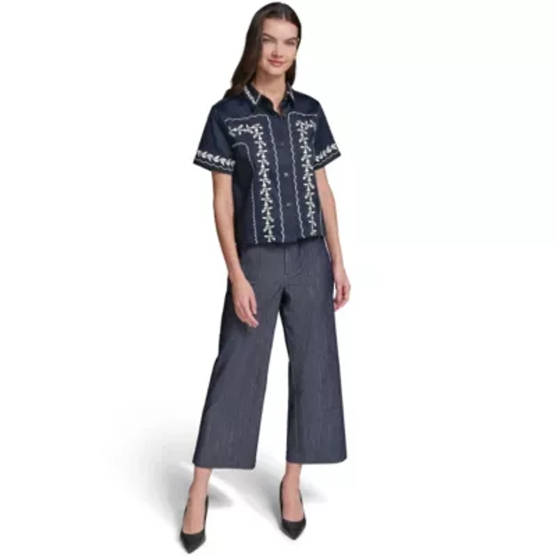 Floral Embroidery Short Sleeve Button Down