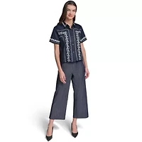 Floral Embroidery Short Sleeve Button Down