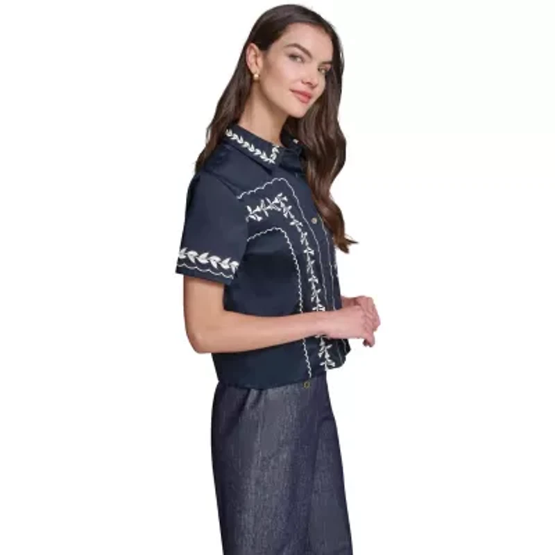 Floral Embroidery Short Sleeve Button Down