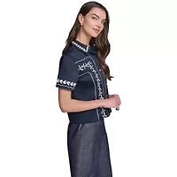 Floral Embroidery Short Sleeve Button Down