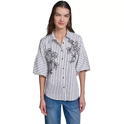 Striped 3/4 Sleeve Floral Embroidery Blouse