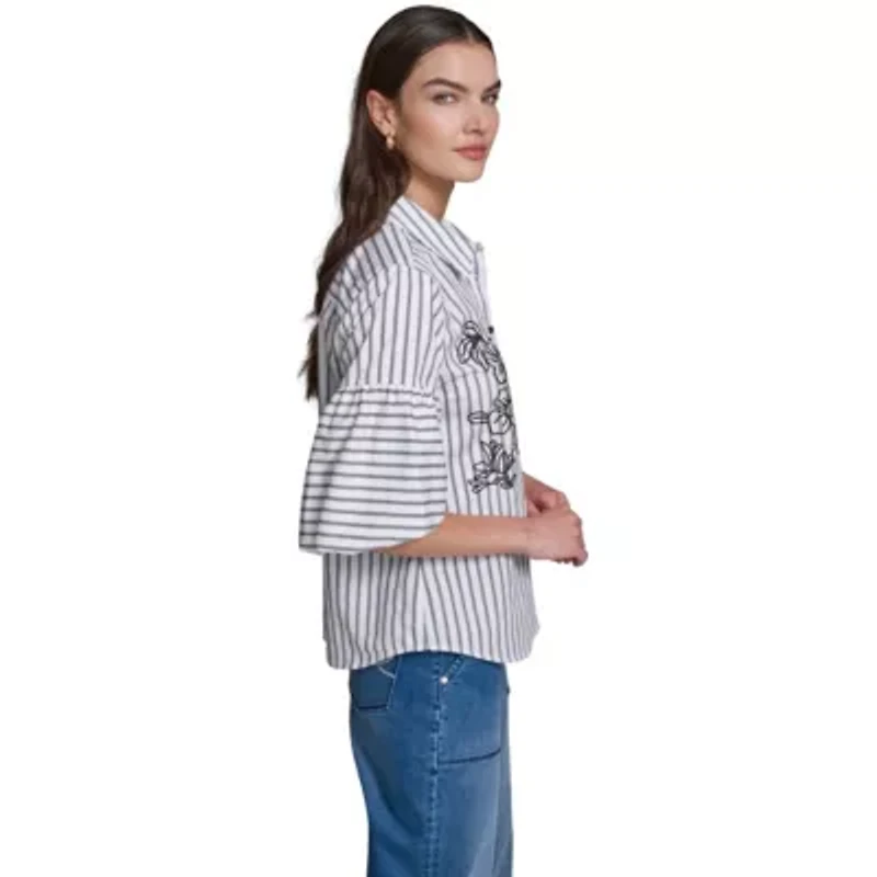 Striped 3/4 Sleeve Floral Embroidery Blouse