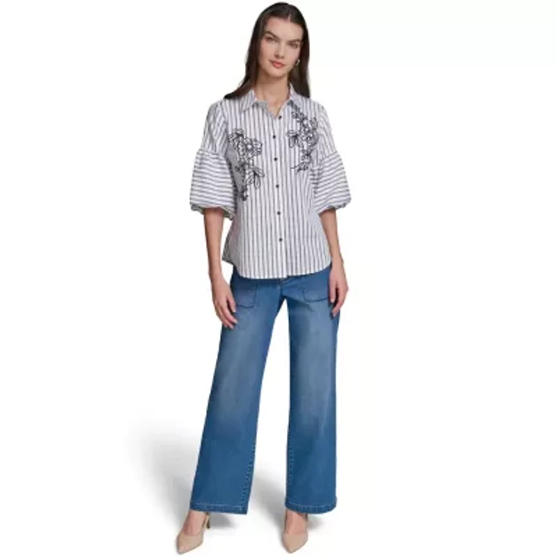 Striped 3/4 Sleeve Floral Embroidery Blouse