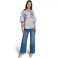 Striped 3/4 Sleeve Floral Embroidery Blouse