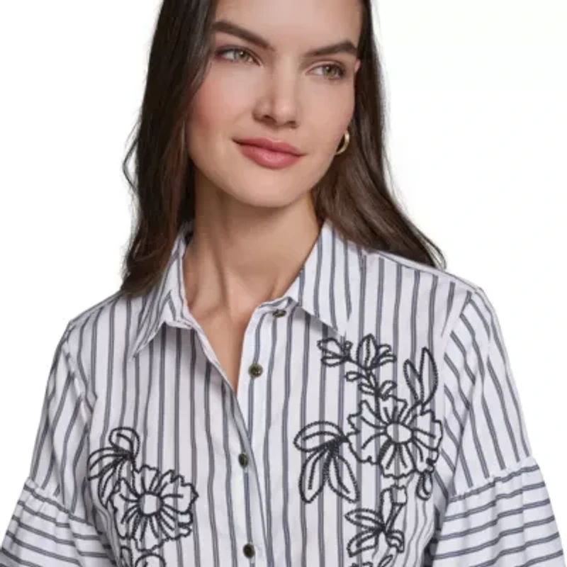 Striped 3/4 Sleeve Floral Embroidery Blouse
