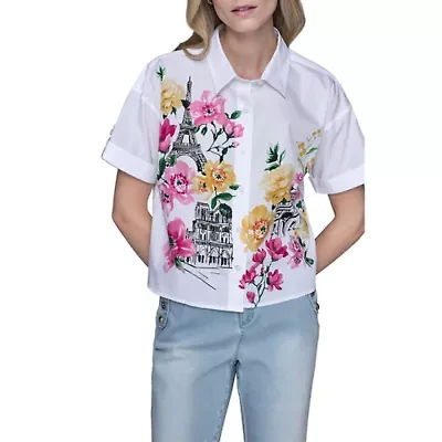 Short Sleeve Paris Flower Poplin Blouse