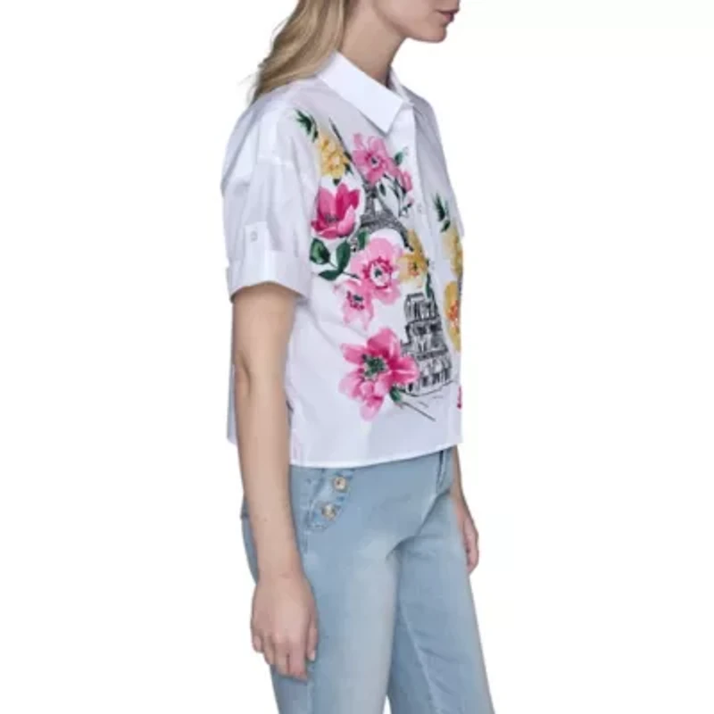 Short Sleeve Paris Flower Poplin Blouse