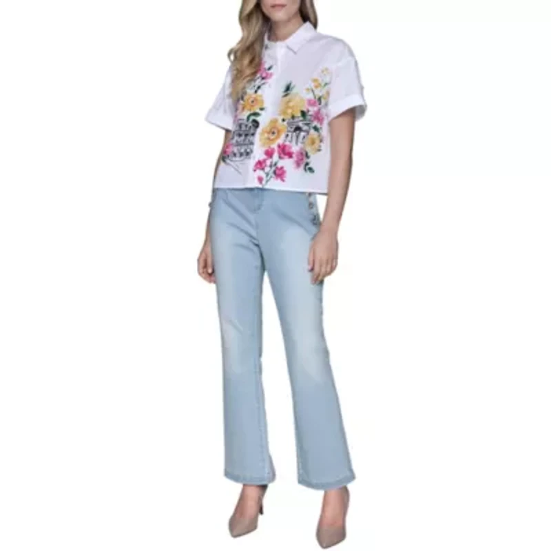 Short Sleeve Paris Flower Poplin Blouse