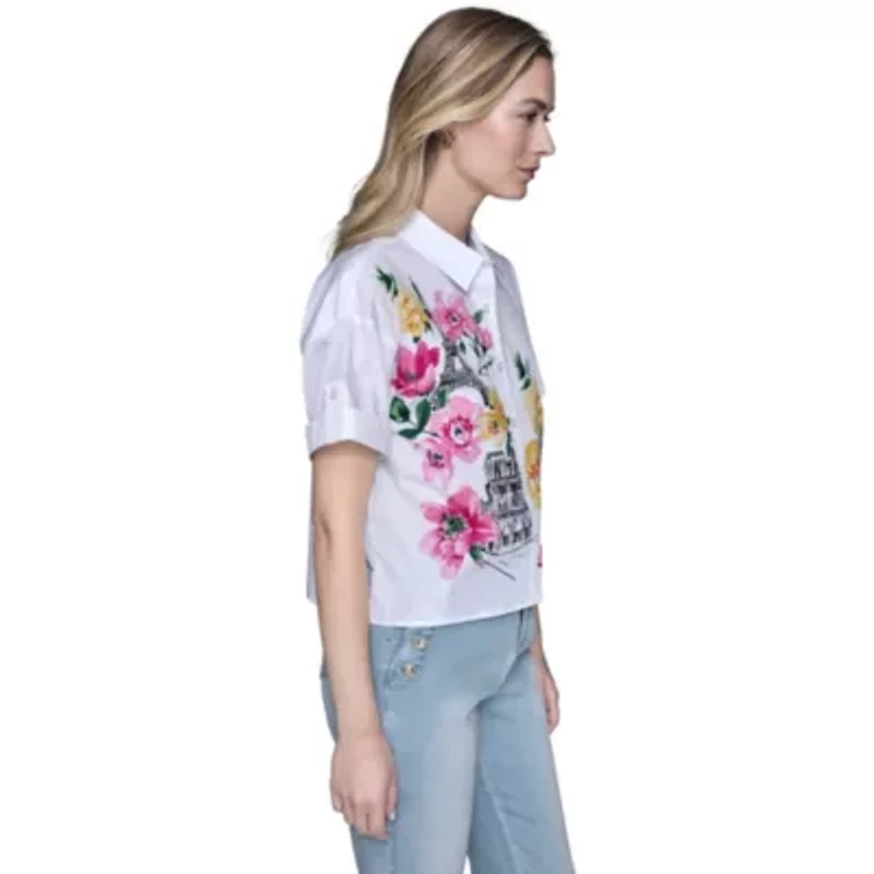 Short Sleeve Paris Flower Poplin Blouse