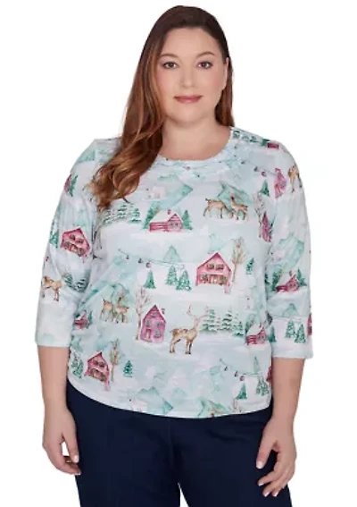 Plus Classics Ski Village with Deer T-Shirt