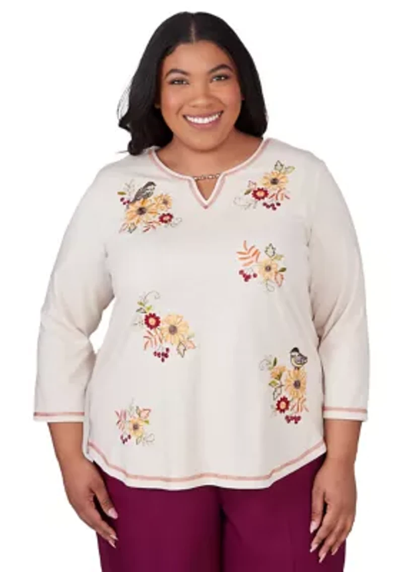 Plus Classics Sunflowers with Birds Top