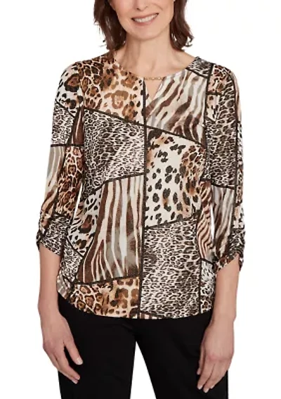 Women's Animal Color-Block Puff Print Top