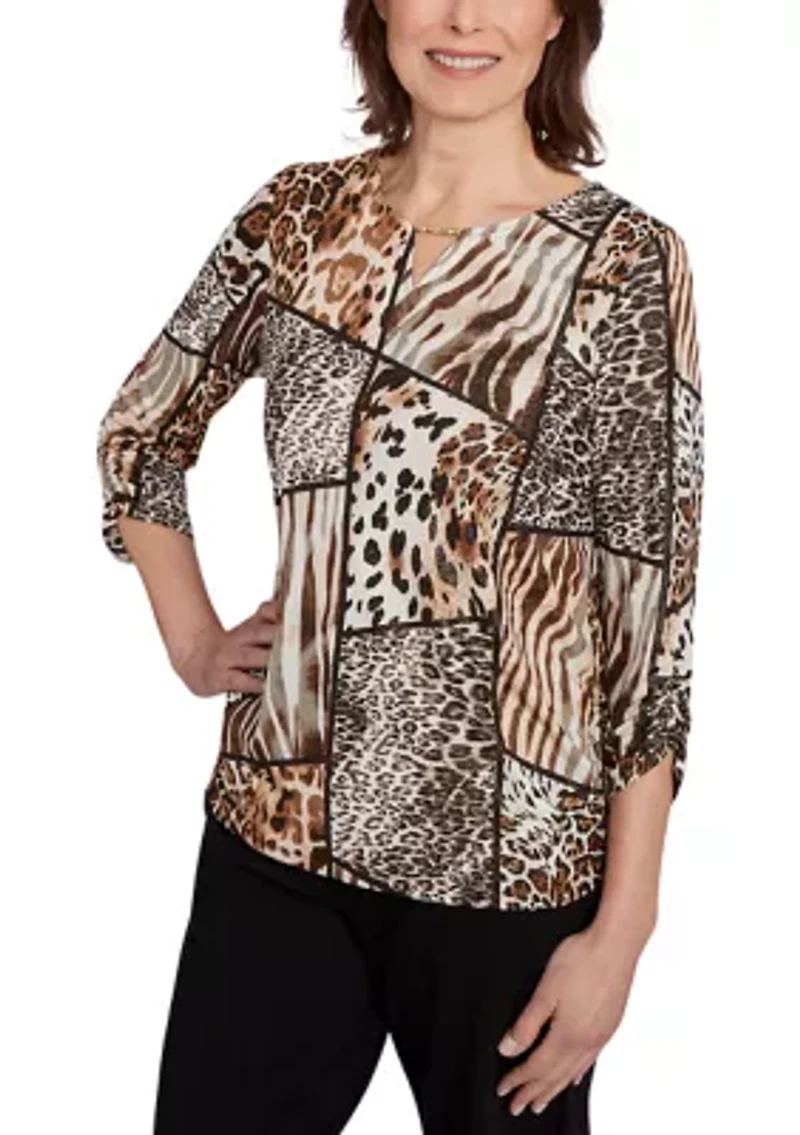 Women's Animal Color-Block Puff Print Top