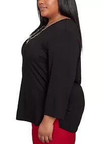 Plus Melange Top with Necklace