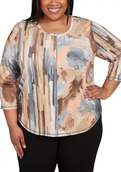 Plus 3/4 Sleeve Spliced Printed Top