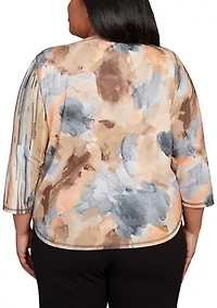 Plus 3/4 Sleeve Spliced Printed Top