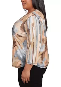 Plus 3/4 Sleeve Spliced Printed Top