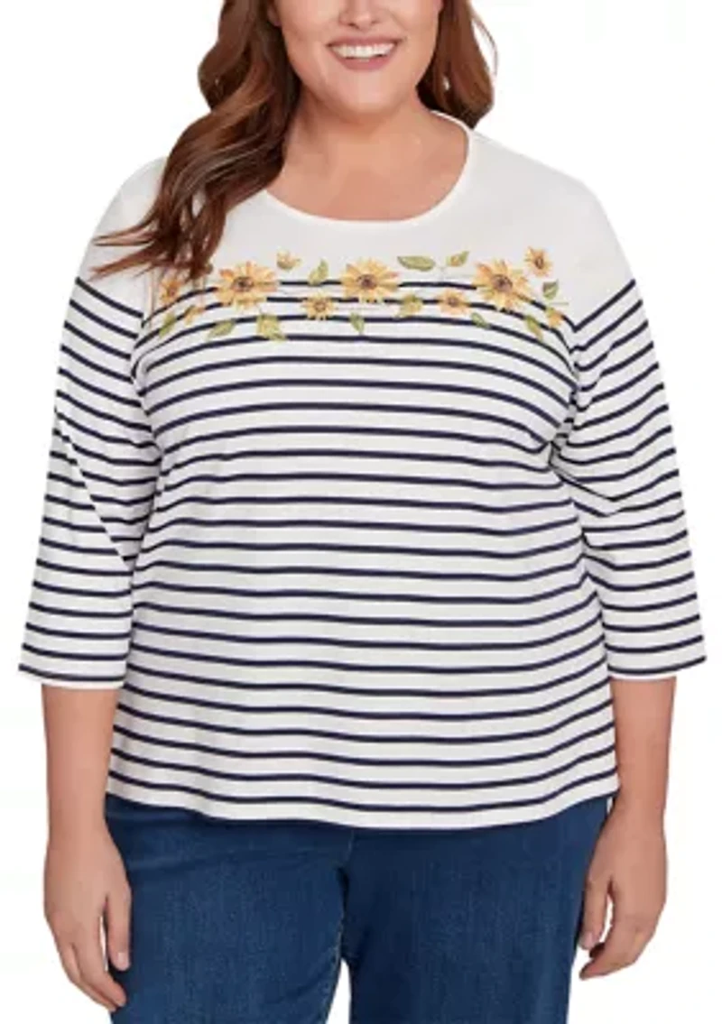 Plus Classics Sunflowers Yoke Stripe Top