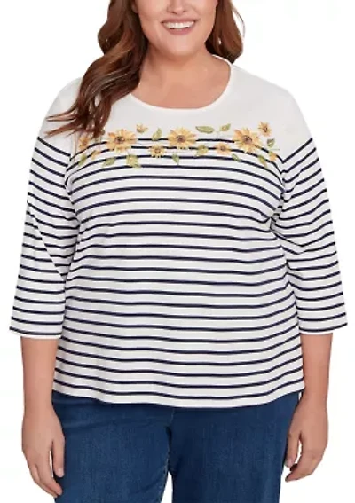 Plus Classics Sunflowers Yoke Stripe Top