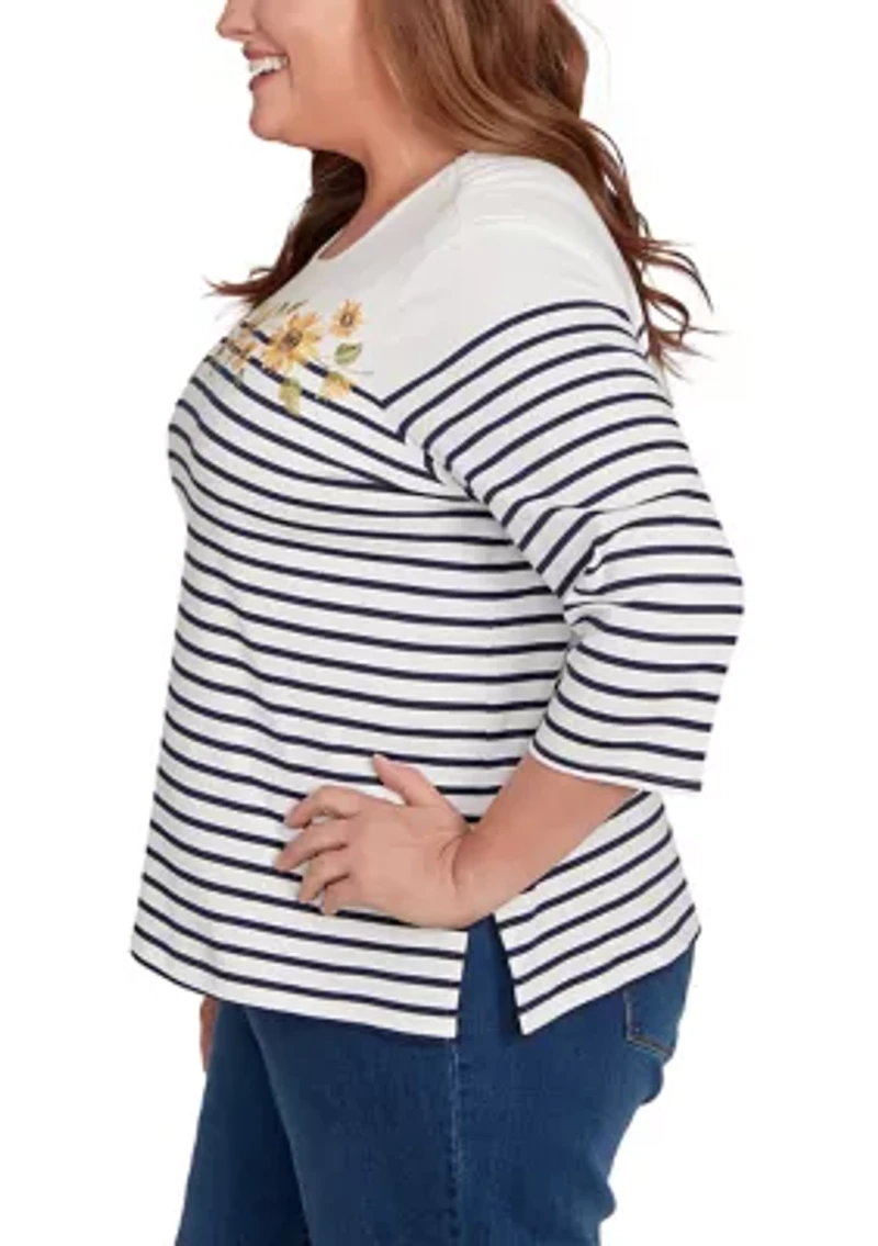 Plus Classics Sunflowers Yoke Stripe Top