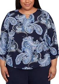 Plus 3/4 Sleeve Puff Paisley Print Top