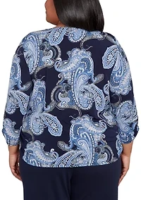 Plus 3/4 Sleeve Puff Paisley Print Top