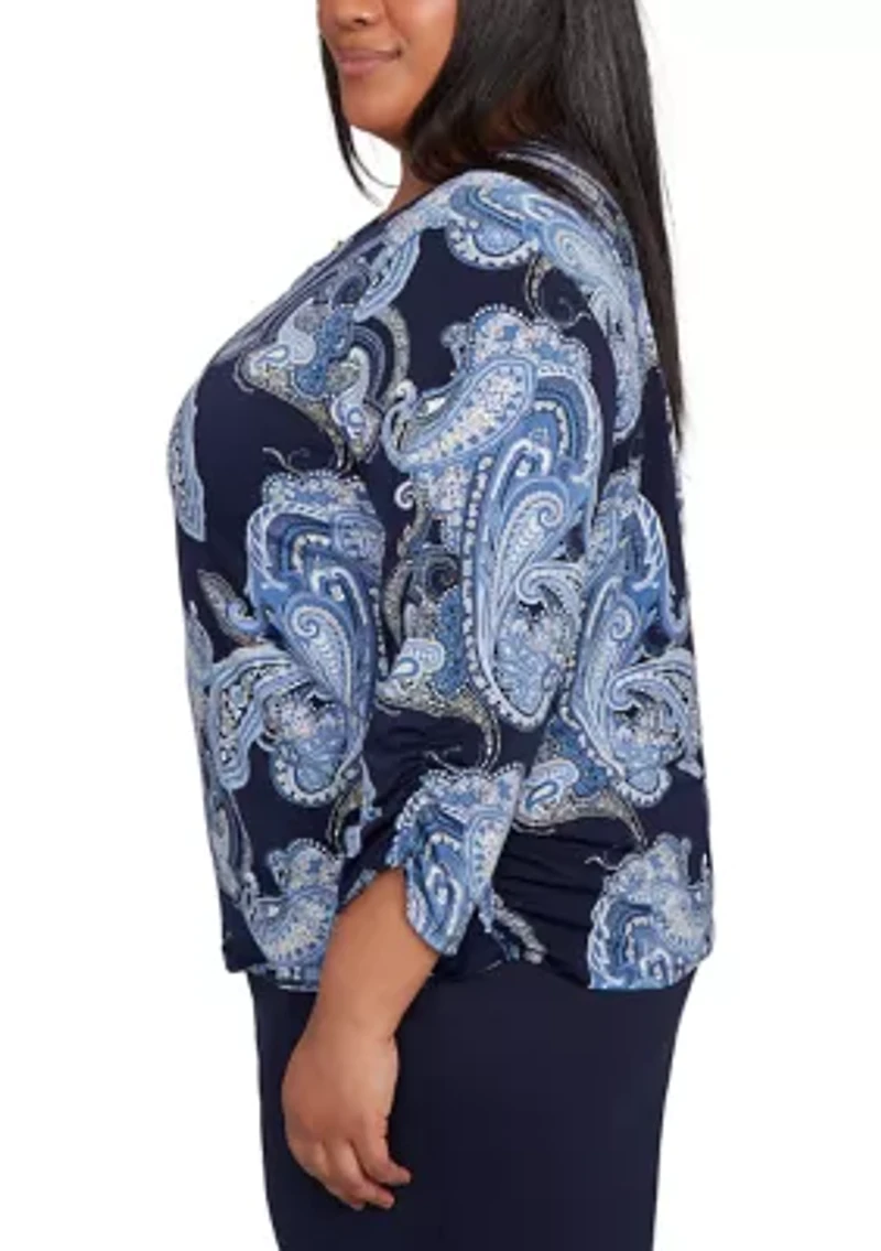 Plus 3/4 Sleeve Puff Paisley Print Top
