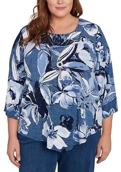 Plus 3/4 Sleeve Puff Denim Floral Print Top