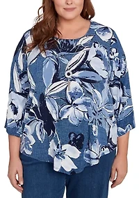 Plus 3/4 Sleeve Puff Denim Floral Print Top