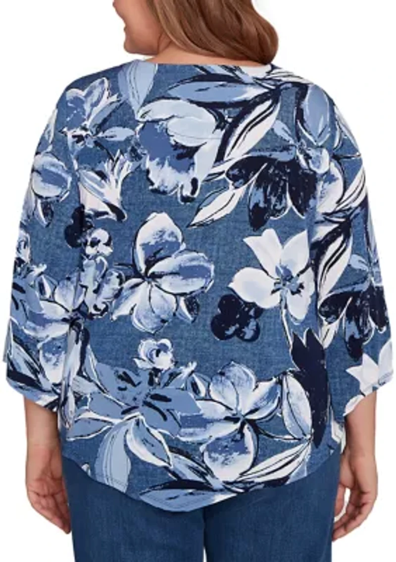Plus 3/4 Sleeve Puff Denim Floral Print Top