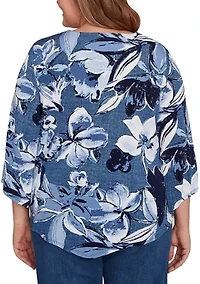 Plus 3/4 Sleeve Puff Denim Floral Print Top