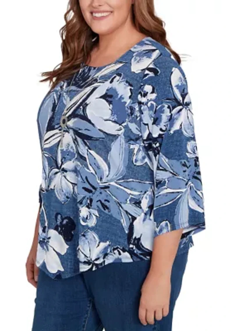 Plus 3/4 Sleeve Puff Denim Floral Print Top