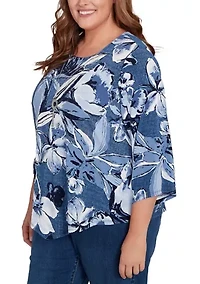 Plus 3/4 Sleeve Puff Denim Floral Print Top