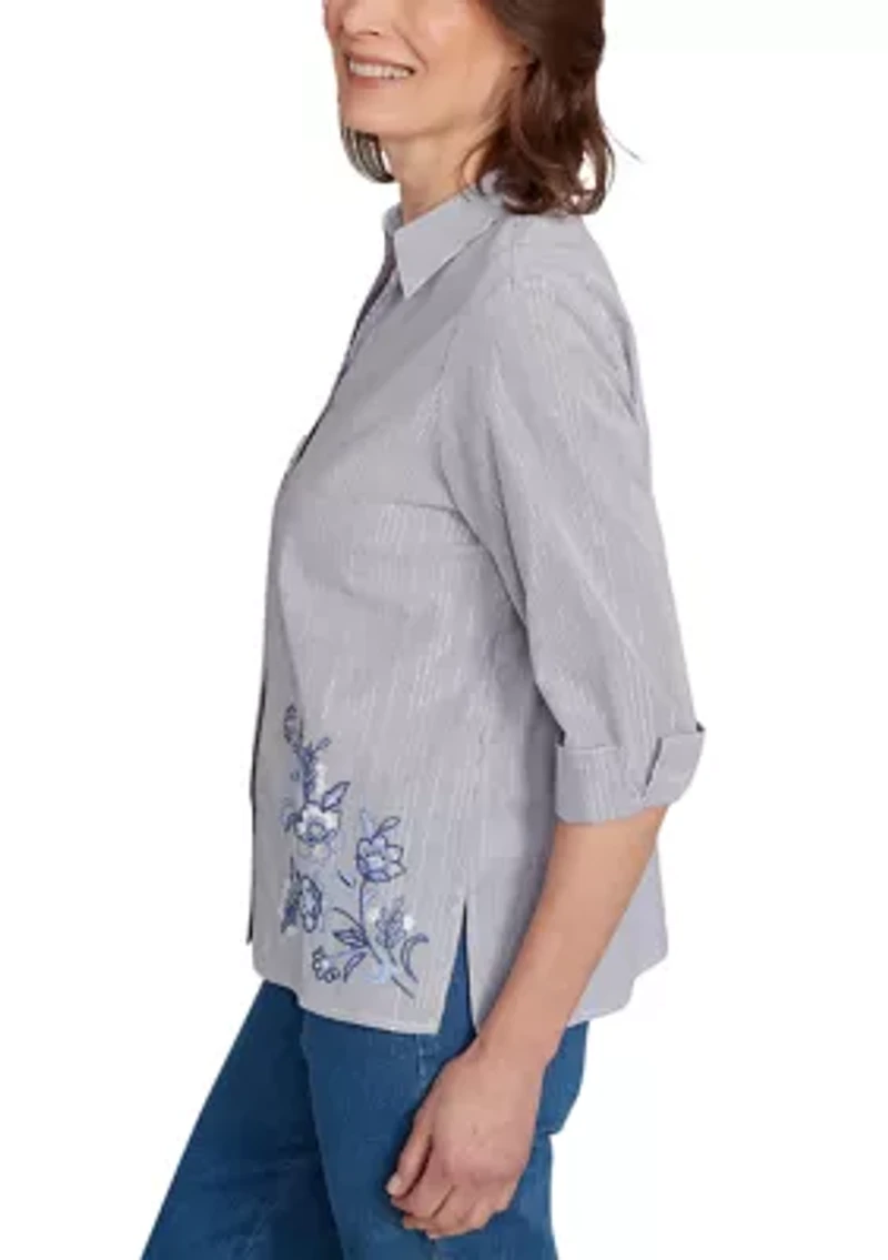 Petite Classics Metallic Stripe Top with Embroidery
