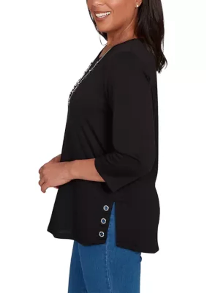 Petite Classics Melange Top  with Necklace