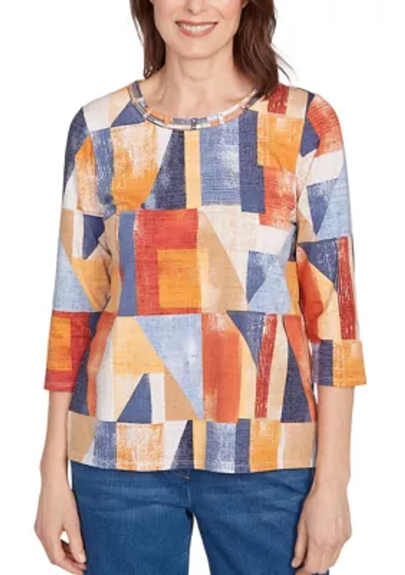 Petite Key Items Color Block Printed Top