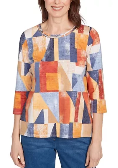 Petite Key Items Color Block Printed Top