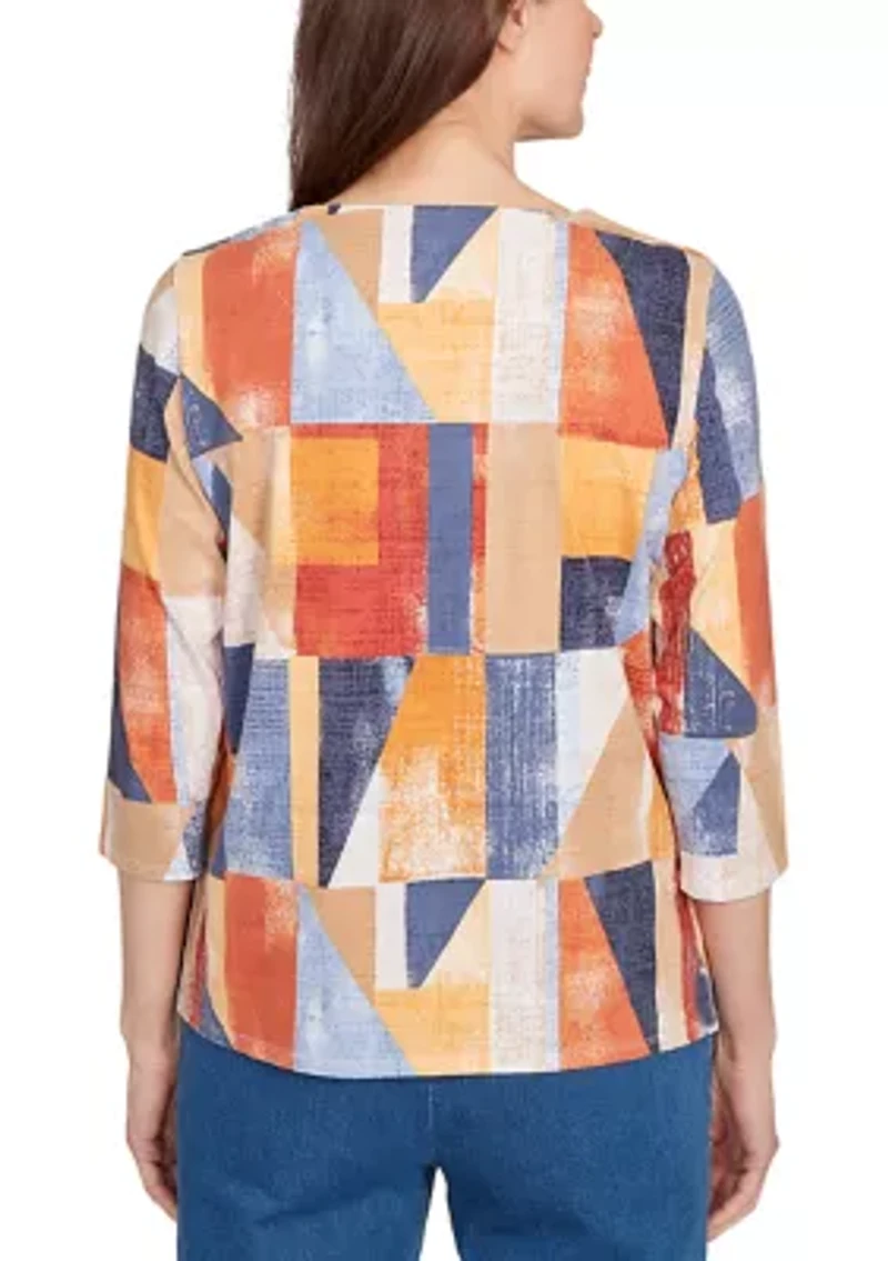 Petite Key Items Color Block Printed Top