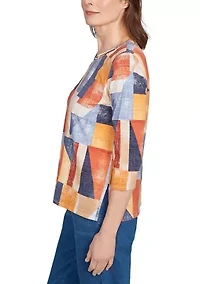 Petite Key Items Color Block Printed Top