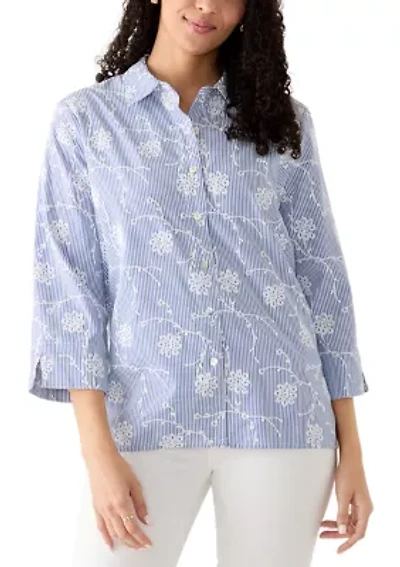 Women's Pinstripe Puff Embroidery Top