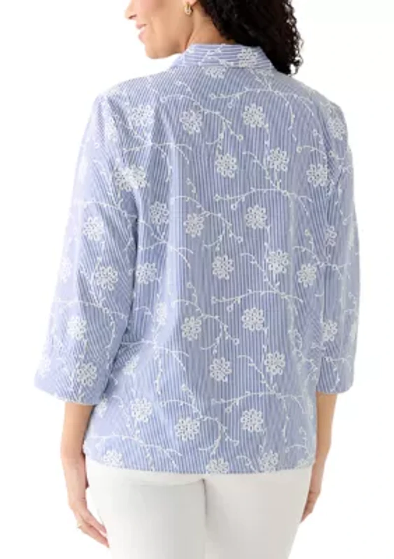 Women's Pinstripe Puff Embroidery Top