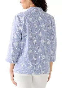 Women's Pinstripe Puff Embroidery Top