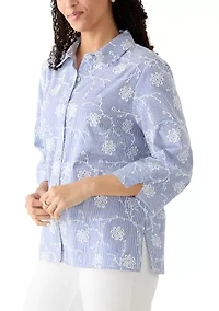 Women's Pinstripe Puff Embroidery Top