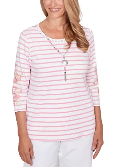 Women's Striped Embroidered Sleeve Top
