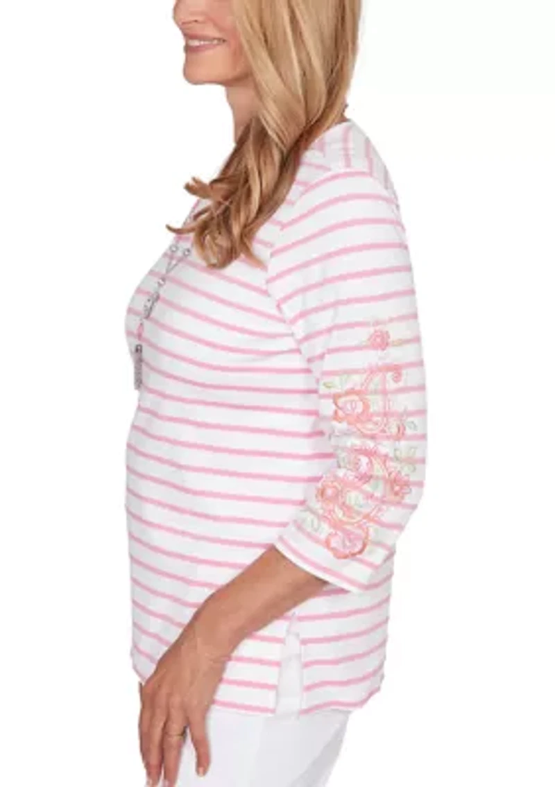 Women's Striped Embroidered Sleeve Top