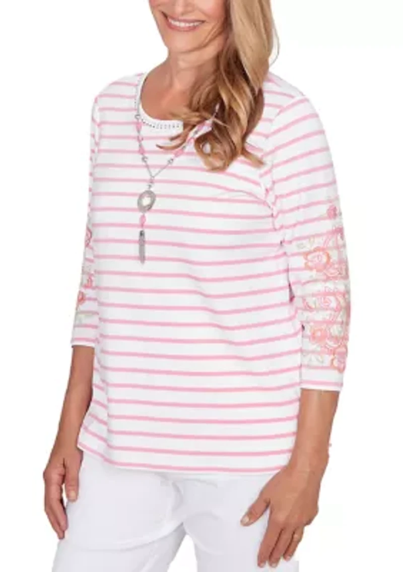 Women's Striped Embroidered Sleeve Top