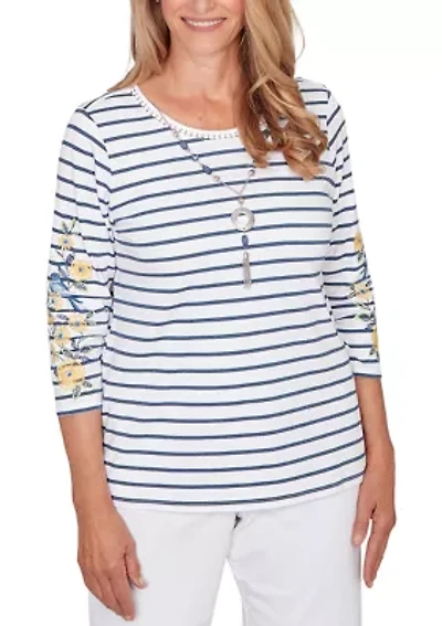 Women's Striped Embroidered Sleeve Top