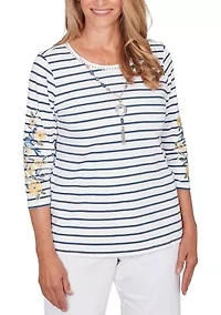 Women's Striped Embroidered Sleeve Top
