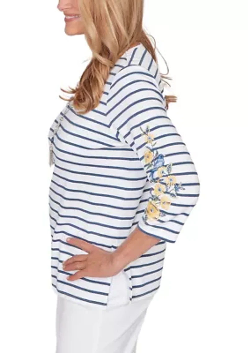Women's Striped Embroidered Sleeve Top