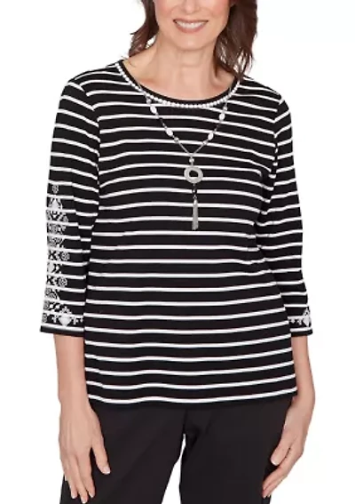 Women's Classics Stripe with Embroidered Sleeves Top